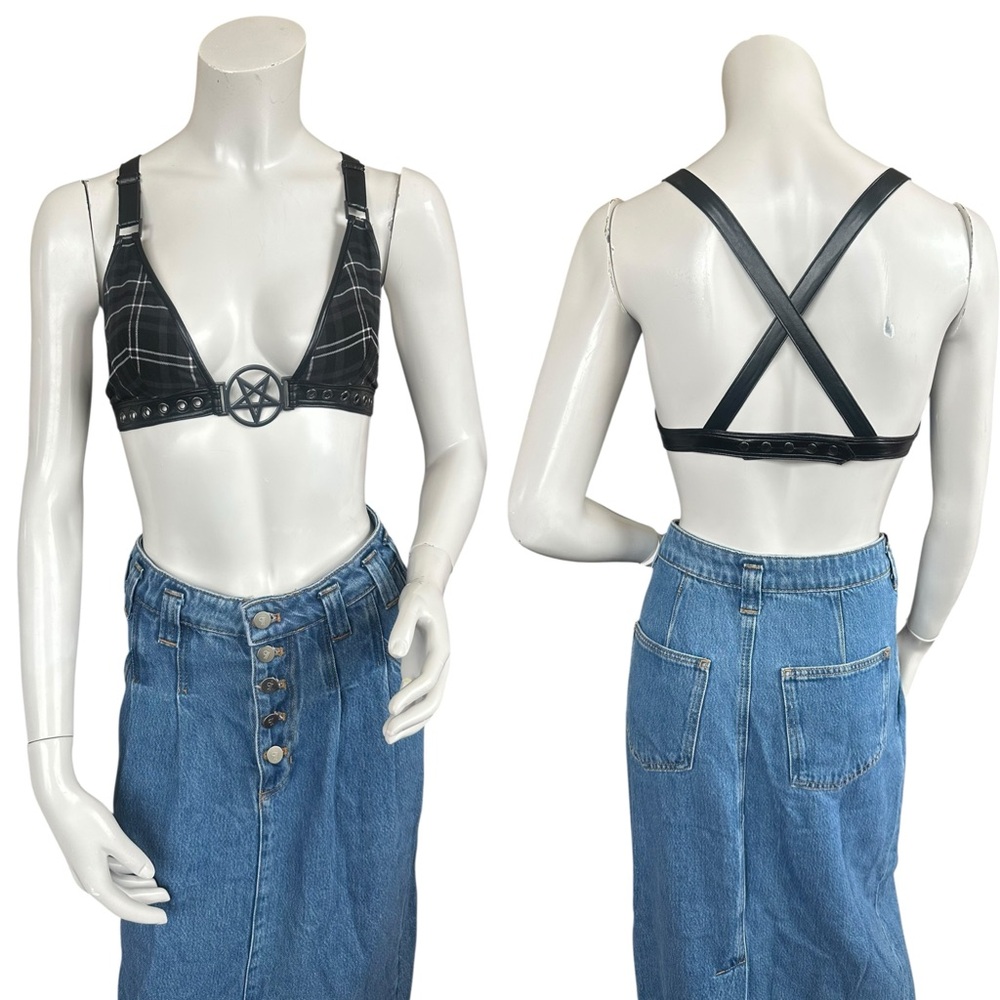 Killstar Faux Leather Black Tartan Occult Goth Grommet Bra Top Size XS